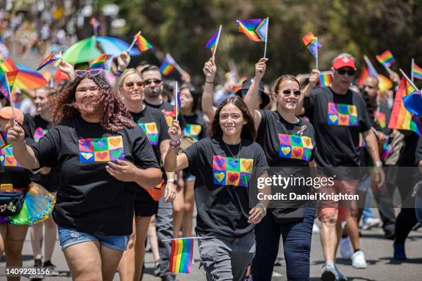 Participants march in the 2022 San Diego Pride Parade on July 16, 2022 in San Diego, California.