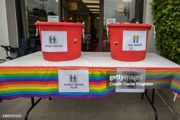 Vendor's display of bottled water is seen at 2022 San Diego Pride Parade on July 16, 2022 in San Diego, California.