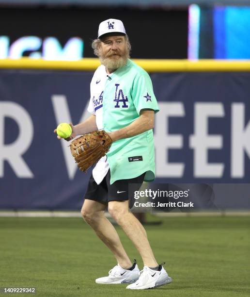 Bryan Cranston plays in the 2022 MLB All-Star Week Celebrity Softball Game at Dodger Stadium on July 16, 2022 in Los Angeles, California.