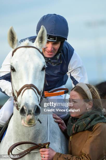 Steven Pateman riding Valac hugs Jess Pateman after winning Race 6, the Ecycle Mosstrooper Steeplechase, during Pakenham Hurdles Mosstrooper Steeple...