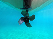 underwater shot of a propeller of a motor boat in the sea