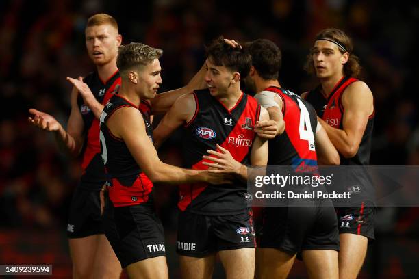 Nicholas Martin of the Bombers celebrates kicking a goal during the round 18 AFL match between the Essendon Bombers and the Gold Coast Suns at Marvel...