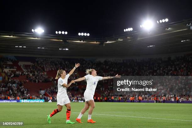 Rachel Daly of England and Millie Bright of England celebrate after the final whistle the UEFA Women's Euro England 2022 group A match between...