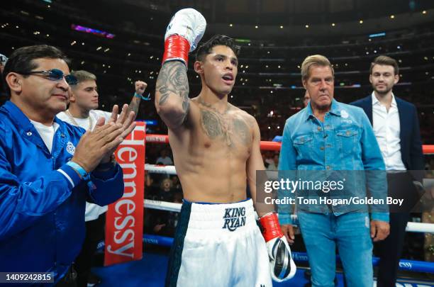 Ryan Garcia walks to the ring to face Javier Fortuna in their Light weight 12 rounds fight at Crypto.com Arena on July 16, 2022 in Los Angeles,...