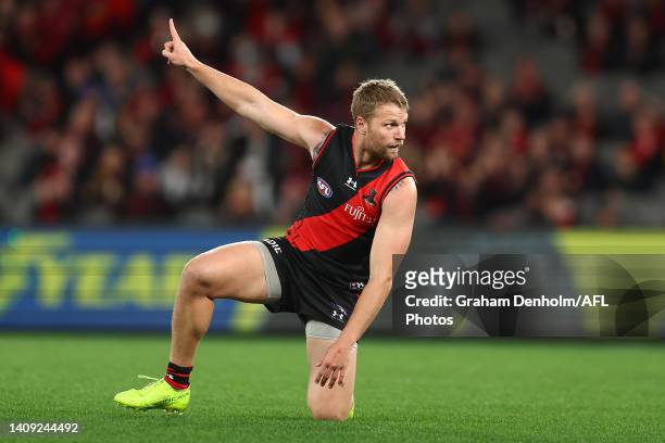 Jake Stringer of the Bombers celebrates kicking a goal during the round 18 AFL match between the Essendon Bombers and the Gold Coast Suns at Marvel...