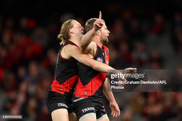 Jake Stringer of the Bombers celebrates kicking a goal during the round 18 AFL match between the Essendon Bombers and the Gold Coast Suns at Marvel...