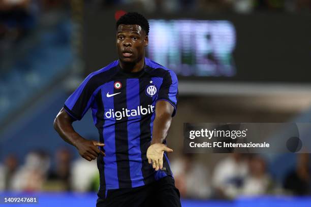 Denzel Dumfries of FC Internazionale gestures at Stadio Paolo Mazza on July 16, 2022 in Ferrara, Italy.