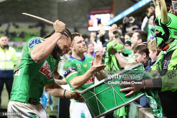 Corey Harawira-Naera of the Raiders celebrates with fans after winning the round 18 NRL match between the Melbourne Storm and the Canberra Raiders at...