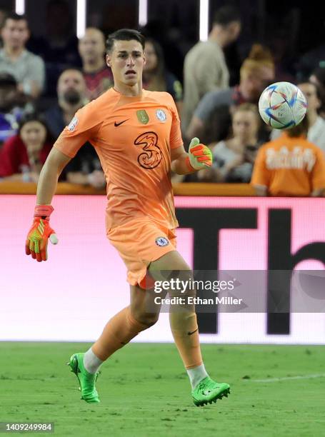 Kepa Arrizabalaga of Chelsea clears the ball during a preseason friendly match against Club América at Allegiant Stadium on July 16, 2022 in Las...