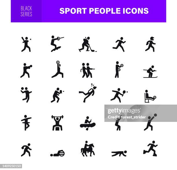 sport people icons. black series. the set contains icons as exercising, running, cycling, yoga, treadmill, fitness, aerobic - free running stock illustrations