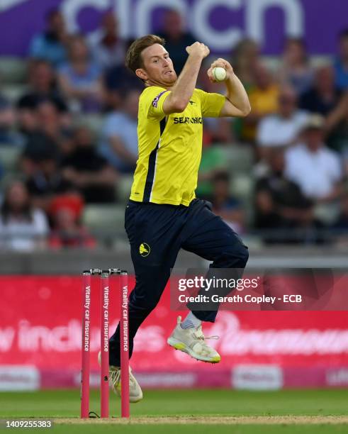 Liam Dawson of Hampshire bowls during the Vitality Blast Final match between Lancashire Lightning and Hampshire Hawks at Edgbaston on July 16, 2022...