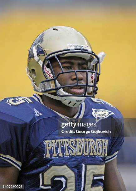 Cornerback Darrelle Revis of the University of Pittsburgh Panthers looks on from the field before a Big East college football game against the Boston...