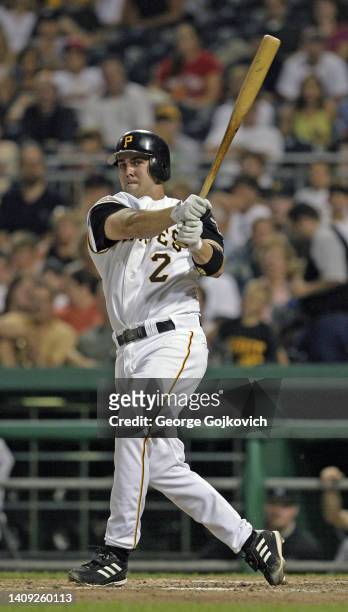 Jack Wilson of the Pittsburgh Pirates bats against the Florida Marlins during a Major League Baseball game at PNC Park on August 28, 2003 in...
