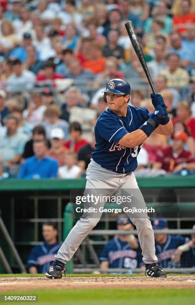 Sean Burroughs of the San Diego Padres bats against the Pittsburgh Pirates during a Major League Baseball game at PNC Park on July 30, 2003 in...