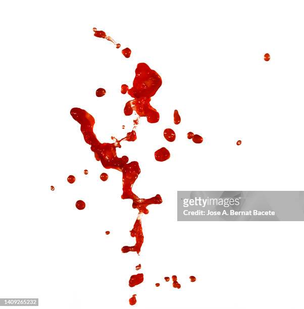 full frame of splashes and drops of red liquid in the form of blood, on a white background. - farbklecks freisteller stock-fotos und bilder