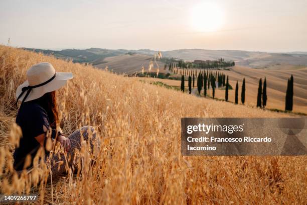 tuscany, summer landscape, woman admiring the view - san quirico d'orcia stock pictures, royalty-free photos & images