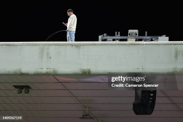 Spectator is seen on the roof of a grandstand during game three of the International Test match series between the Australia Wallabies and England at...