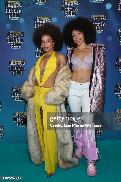 Basjia and Mel Ree attend the Jagged Little Pill Homecoming red carpet at Theatre Royal on July 17, 2022 in Sydney, Australia.