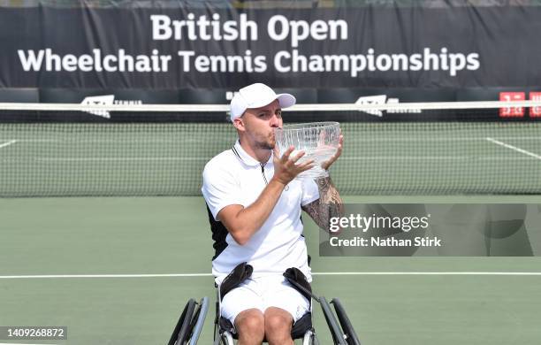 Andy Lapthorne of Great Britain poses with the British Open Quad singles trophy after beating Heath Davidson of Australia during day six of the...