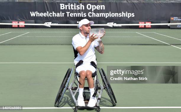 Andy Lapthorne of Great Britain poses with the British Open Quad singles trophy after beating Heath Davidson of Australia during day six of the...
