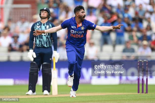 India bowler Mohammed Siraj celebrates after taking the wicket of Joe Root during the 3rd Royal London Series One Day International match between...