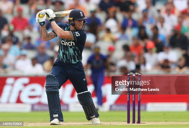 Ben Stokes of England cuts the ball towards the boundary during the 3rd Royal London Series One Day International between England and India at...