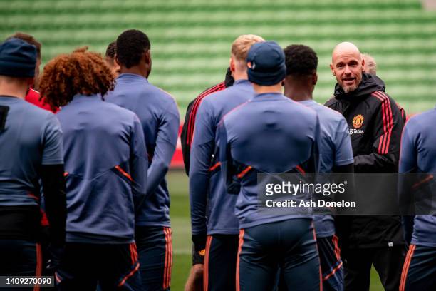 Manager Erik ten Hag of Manchester United in action during a first team training session at AAMI Park on July 16, 2022 in Melbourne, Australia.