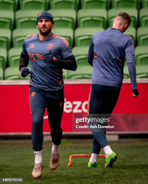 Luke Shaw of Manchester United in action during a first team training session at AAMI Park on July 16, 2022 in Melbourne, Australia.