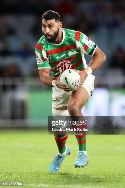 Alex Johnston of the Rabbitohs runs with the ball during the round 18 NRL match between the Canterbury Bulldogs and the South Sydney Rabbitohs at...