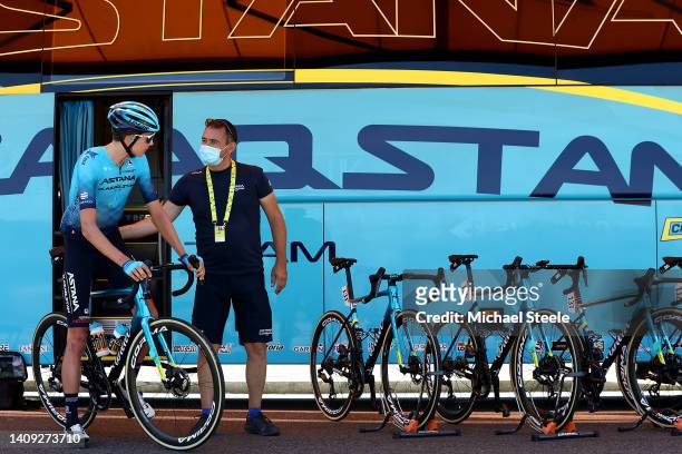 Joseph Lloyd Dombrowski of United States and Team Astana – Qazaqstan prior to the 109th Tour de France 2022, Stage 15 a km stage from Rodez to...