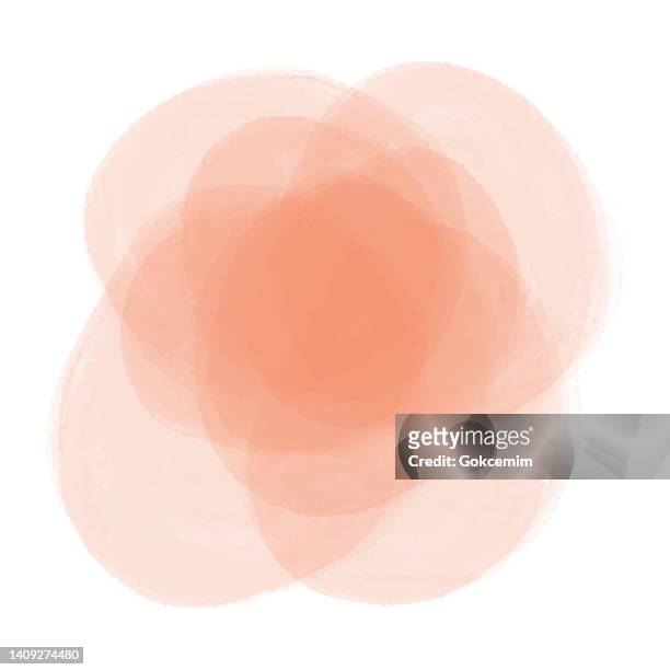 stockillustraties, clipart, cartoons en iconen met peach colored watercolor circle splashes isolated. watercolor circles or spots abstract background. design element for greeting cards and labels.watercolor splash with multilayered translucent effect. - translucent