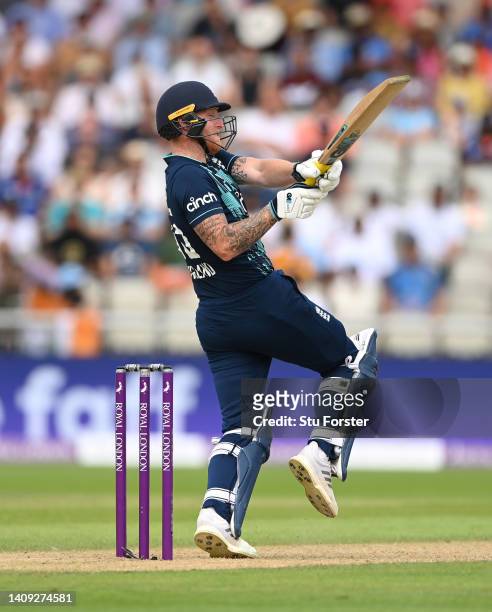 England batsman Ben Stokes hits out during the 3rd Royal London Series One Day International match between England and India at Emirates Old Trafford...