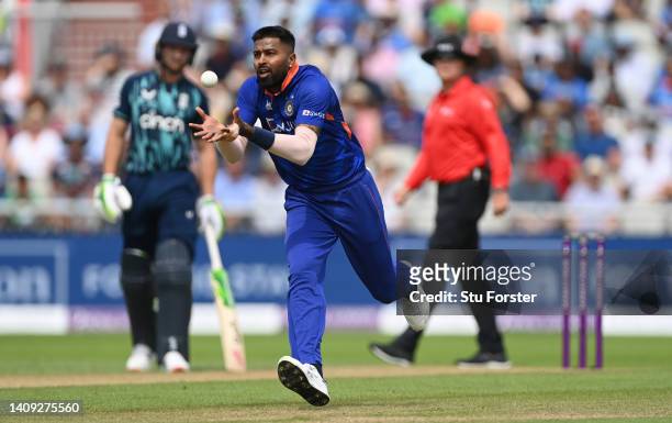 India bowler Hardik Pandya takes the catch off his own bowling to dismiss England batsman Ben Stokes during the 3rd Royal London Series One Day...