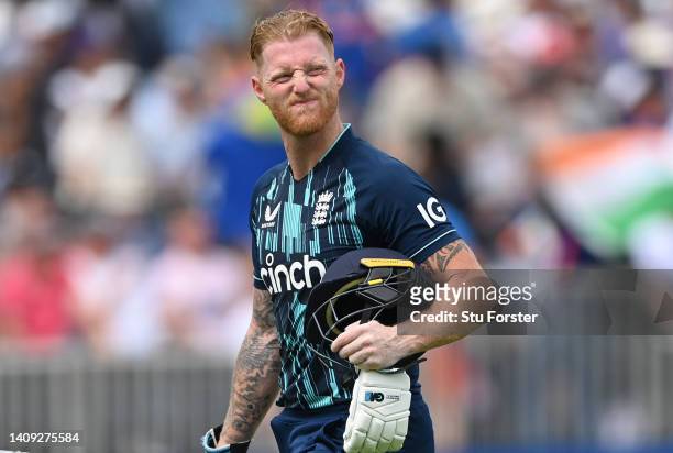England batsman Ben Stokes reacts after being dismissed during the 3rd Royal London Series One Day International match between England and India at...