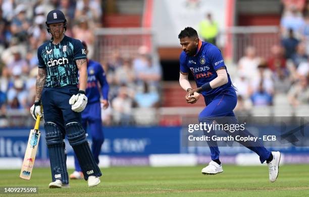 Hardik Pandya of India catches out Ben Stokes of England during the 3rd Royal London Series One Day International match between England and India at...