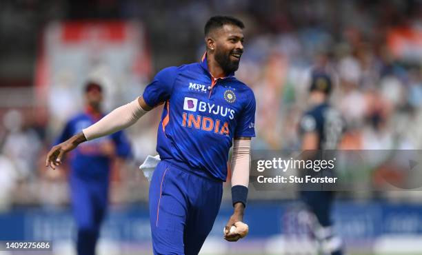 India bowler Hardik Pandya celebrates after taking the catch off his own bowling to dismiss England batsman Ben Stokes during the 3rd Royal London...