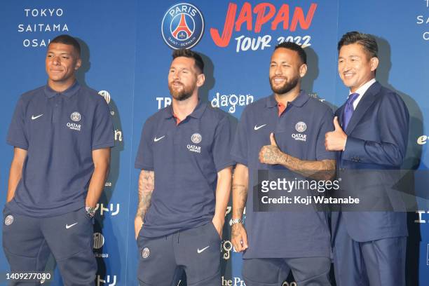 Kazuyoshi Miura, Neymar Jr, Lionel Messi and Kylian Mbappe attend the Paris Saint-Germain Japan Tour Press Conference at Shinagawa Prince Hotel on...
