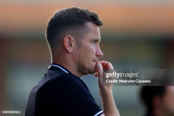 Assistant manager Lee Bell of Crewe Alexandra looks on during the Pre-Season Friendly between Crewe Alexandra and West Bromwich Albion at The...