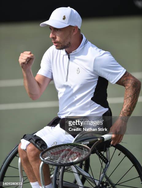Andy Lapthorne of Great Britain reacts in the British Open Quad singles match against Heath Davidson of Australia during day six of the British Open...