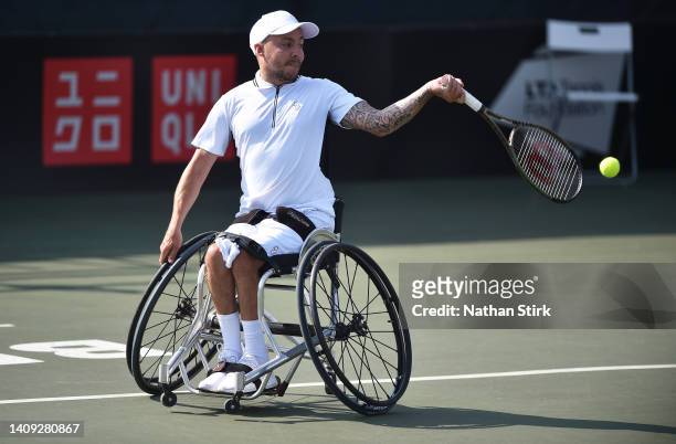 Andy Lapthorne of Great Britain plays in the British Open Quad singles match against Heath Davidson of Australia during day six of the British Open...