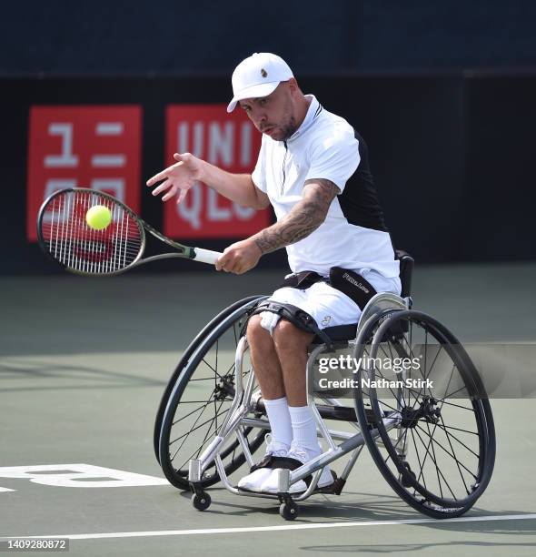 Andy Lapthorne of Great Britain plays in the British Open Quad singles match against Heath Davidson of Australia during day six of the British Open...