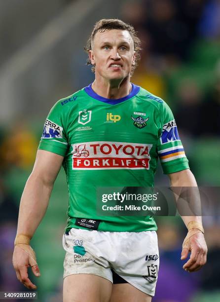 Jack Wighton of the Raiders looks on during the round 18 NRL match between the Melbourne Storm and the Canberra Raiders at AAMI Park, on July 17 in...