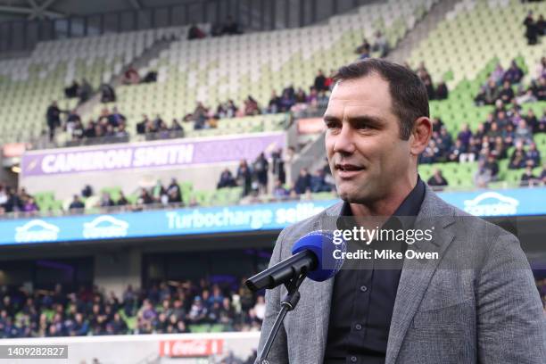 Cameron Smith, former Storm player speaks after the unveiling of a stand named after him prior to the round 18 NRL match between the Melbourne Storm...