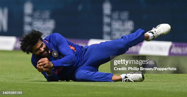 Ravindra Jadeja of India catches Jos Buttler of England during the third ODI between England and India at Emirates Old Trafford on July 17, 2022 in...