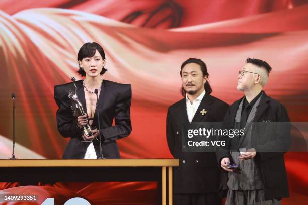 Actress Fish Liew receives Best Supporting Actress trophy during the 40th Hong Kong Film Awards on July 17, 2022 in Hong Kong, China.