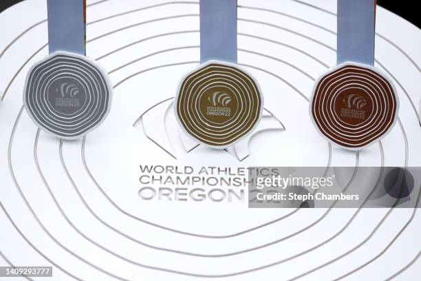 Detail of medals prior to the start of the Men's Marathon on day three of the World Athletics Championships Oregon22 at Hayward Field on July 17,...