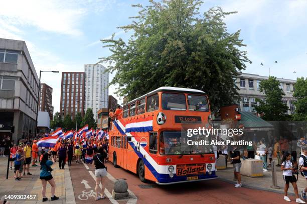 Netherlands fans arrive at the stadium with a bus prior to the UEFA Women's Euro 2022 group C match between Switzerland and Netherlands at Bramall...