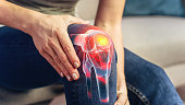VFX Joint and Knee Pain Augmented Reality Render. Close Up of a Person Experiencing Discomfort in a Result of Leg Trauma or Arthritis. Massaging the Muscles to Ease the Injury.