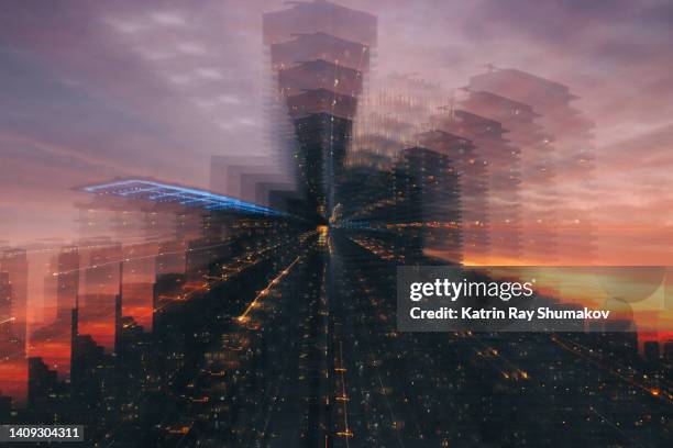 astro projection. multiverse of sunset cityscapes - toronto architecture stock pictures, royalty-free photos & images