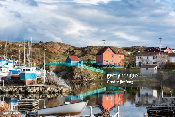 the harbour and fishing boats in the morning, twillingate, canada - fishing village 個照片及圖片檔